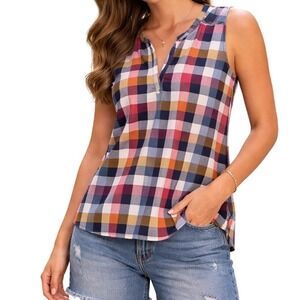 Eddie Bauer Plaid Sleeveless Top Women Sz. Small Multicolor‎ Split Neck
